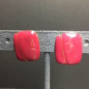 Dark Pink Earrings Enamel Gold Clip On Retro Vintage Grooved Barbie Rectangle